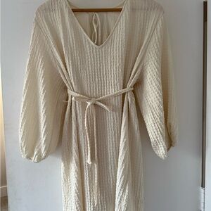 Cream Crinkle Gauze Textured H&M Dress with Tie Belt